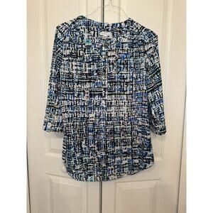 Women's M Croft & Barrow Blue Geometric 3/4 Blouse